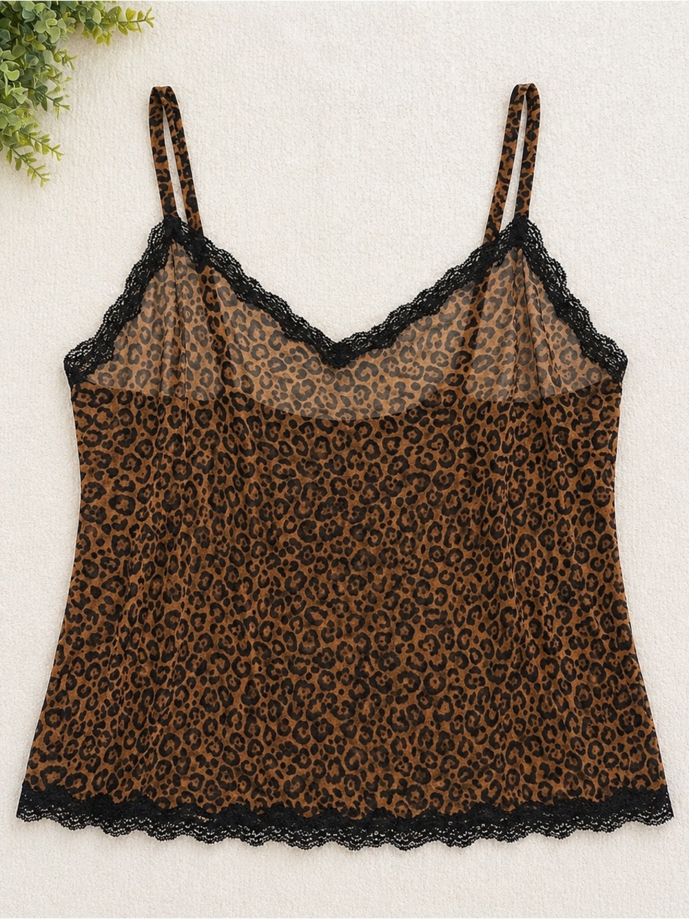 Smart & Sexy Leopard Print Lace Trim Cami XL Y2K Sheer Mesh Tank Top